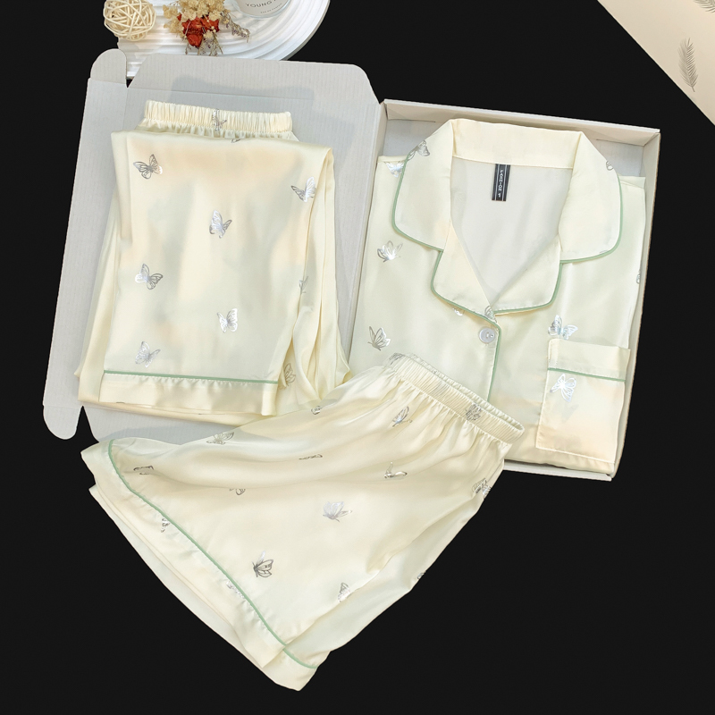 Light Luxury Milk White Silver-Embossed Butterfly Ice Silk Short-Sleeved Pajamas Three-Piece Set for Women, Summer High-End Style with Chest Pads, Loungewear