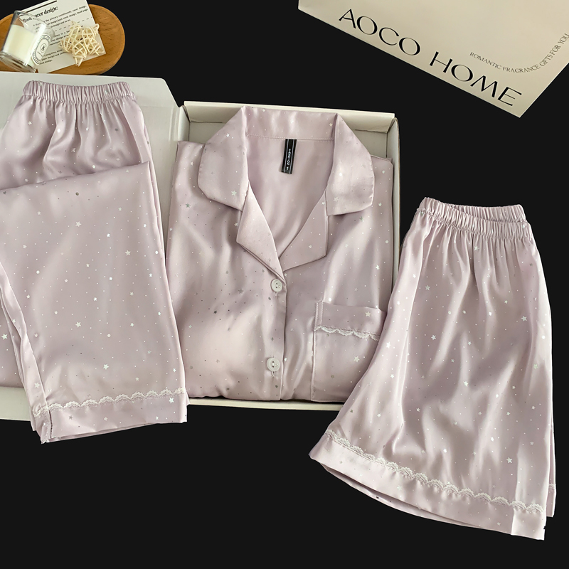 Light Luxury High-End Cool Ice Silk Short-Sleeved Pajamas for Women in Summer with Chest Pads, Silver Dots and Stars, Three-Piece Home Wear Set