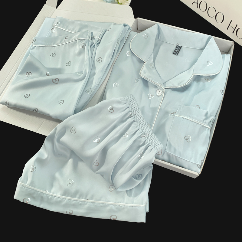 Blue Heart-Patterned Silver-Embossed Ice Silk Short-Sleeved Pajamas for Women, Summer Three-Piece Set with Chest Pads, High-End Light Luxury Silk Loungewear
