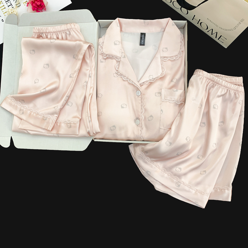 Lace Kitty Cat Ice Silk Ribbon Breast Pad Pajamas Three-Piece Set Summer Sweet and Cute Home Clothes Silk Suit