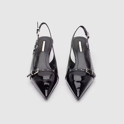 UR2024 Spring and Summer New High Heel Women's Patent Leather Baotou Sandals Women's Fashion Casual Pointed Toe Back Hollow Thin Heel Single Shoes