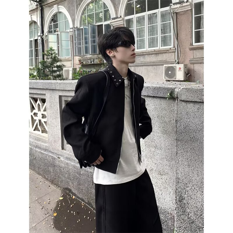 American-Style Vibe Metal Rivet Shoulder-Padded Short Jacket for Men, Autumn High-End Cool and Clean-Fit Lapel Jacket