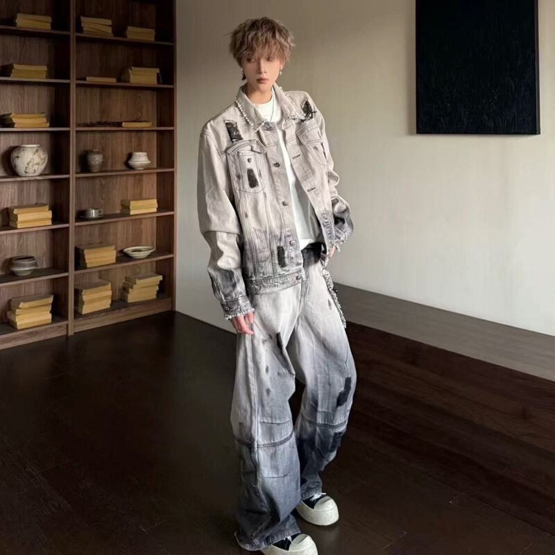 American High Street Design Tie-Dye Beaded Shoulder-Padded Denim Jacket for Men, Autumn Outfit with Straight-Leg Ripped Pants Set American High Street Design Tie-Dye Beaded Shoulder-Padded Denim Jacket for Men, Autumn Outfit with Straight-Leg Ripped Pants Set