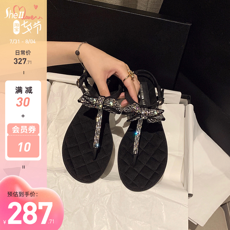 (shei Susinyin) Hawaii holiday ~ little fragrant wind water drill clip feet thick heel butterfly knot sandals women's shoes