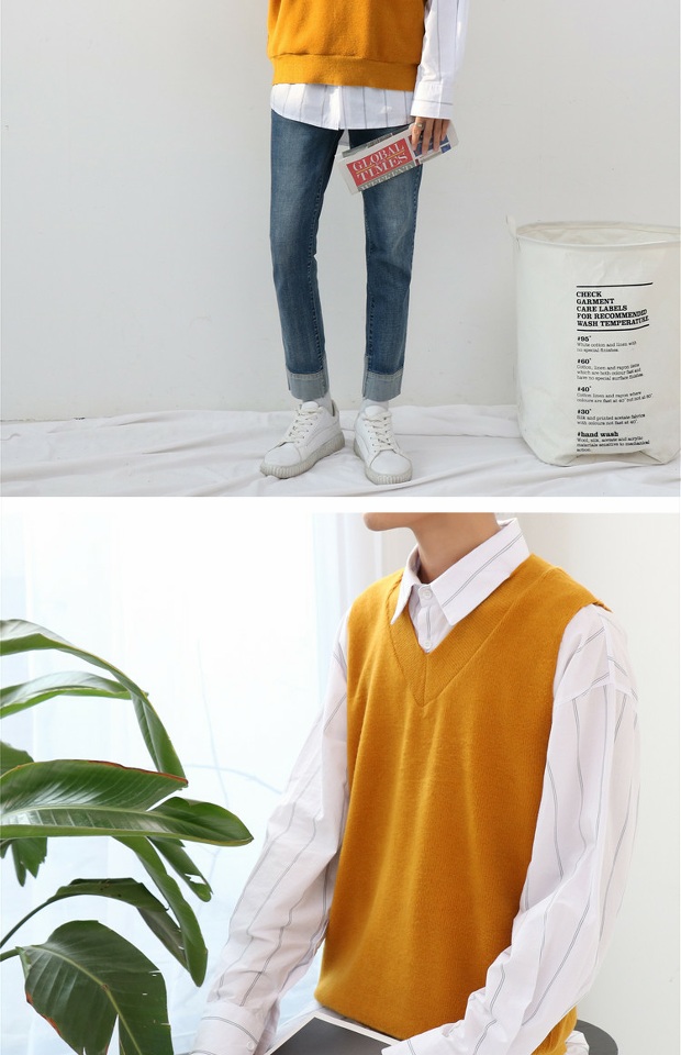 Hàn Quốc Dongdaemun mùa thu mới áo len nam vest vest đan cổ chữ V không tay áo vest màu rắn vest nam đẹp