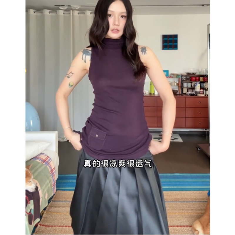 Purple Elegant Half-High Collar Vest for Women, New Summer Style, High-End, Slim-Fitting, Versatile Sleeveless Top Purple Elegant Half-High Collar Vest for Women, New Summer Style, High-End, Slim-Fitting, Versatile Sleeveless Top