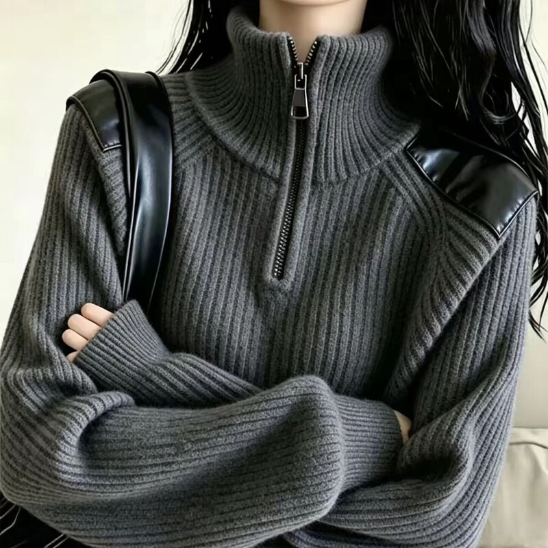 Lazy Style Half-Zip Stand-Up Collar High-End Knit Sweater for Women, New Autumn and Winter Loose Base Shirt, Elegant Top