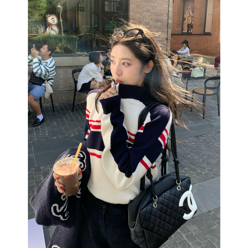 American Retro Contrast Stripesd Half-Zip Knitwear Women's Knitwear 2025 Autumn and Winter New Preppy Style Loose Top