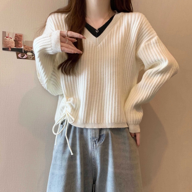 Fake Two-Piece V-Neck Drawstring Sweater for Women, Base Layer Shirt, 2025 New Autumn and Winter Fashion Versatile Loose Short Top