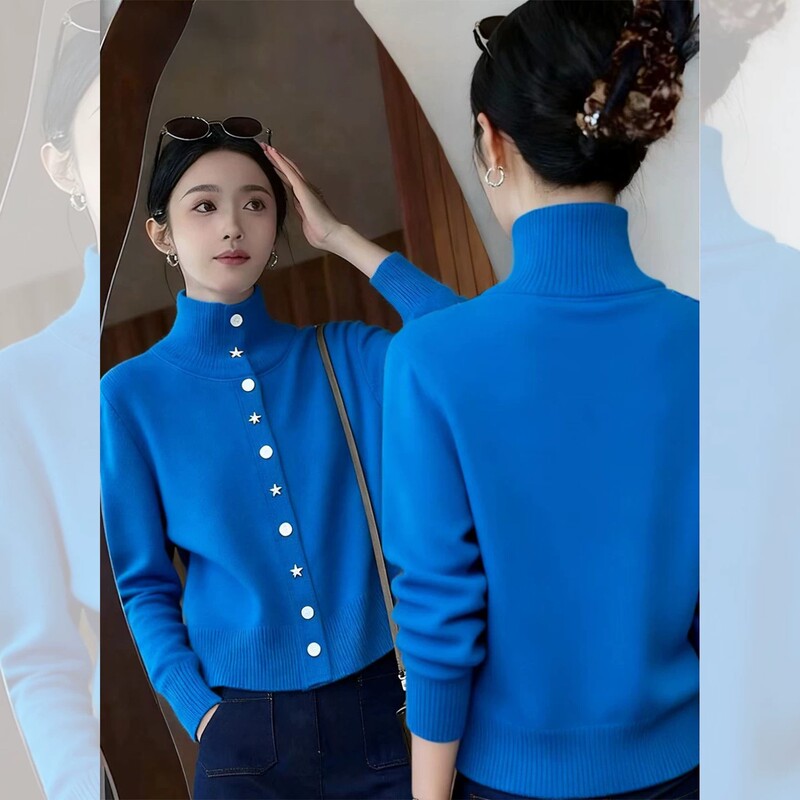 Klein Blue High-Neck Star-Button Knit Cardigan for Women, with a Mature and Sophisticated Look, Perfect for Layering in Autumn and Winter