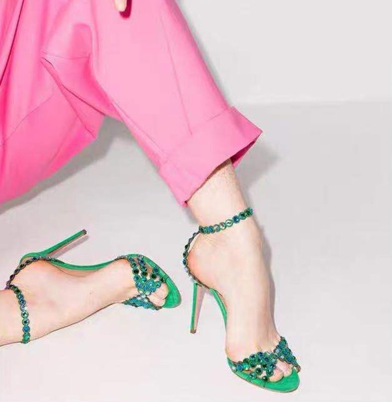 European and American New Style One-Strap Sandals for Women, Stiletto Heels, Multi-Color Rhinestone High Heels, Peep-Toe Shoes