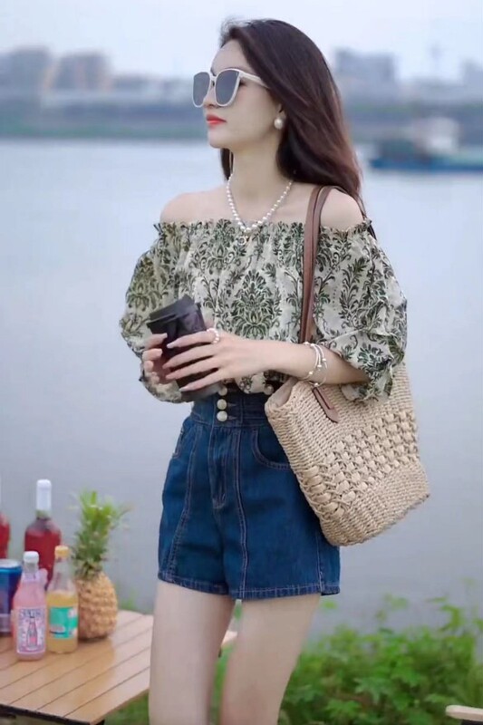 Floral T-Shirt Shirt Print 2026 Summer New Style One-Shoulder Sexy and Stylish Puff Sleeve Pullover Top