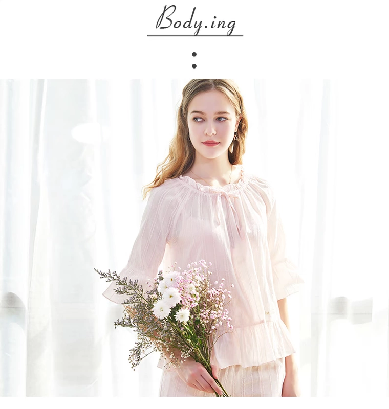 Body.ing mùa xuân và mùa hè bộ đồ ngủ mới của phụ nữ đơn giản tay áo kèn cotton nữ phục vụ nhà hai mảnh phù hợp với 34860 - Bên ngoài ăn mặc