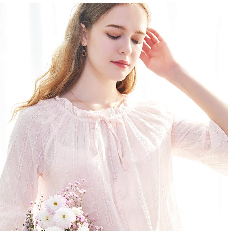 Body.ing mùa xuân và mùa hè bộ đồ ngủ mới của phụ nữ đơn giản tay áo kèn cotton nữ phục vụ nhà hai mảnh phù hợp với 34860 - Bên ngoài ăn mặc bộ đồ mặc nhà mùa hè