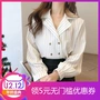 Mùa xuân 2018 mới phiên bản Hàn Quốc của áo sơ mi sọc ngang retro retro áo sơ mi Slim V cổ dài tay áo sơ mi nữ các kiểu áo sơ mi hoa nữ đẹp