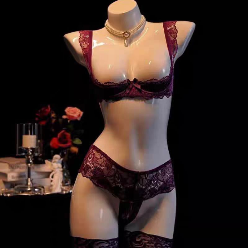 Purple Lace Sexy Bra Set with Hollow Quarter Cup Underwire Push-Up Bra Qqny Lingerie