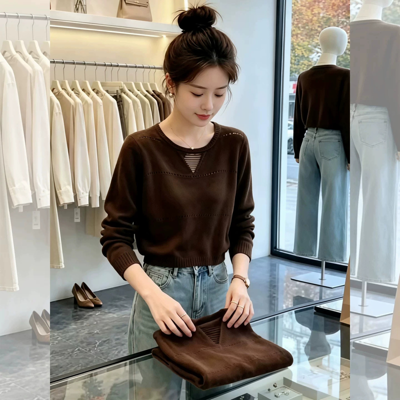 Brown Round-Neck Knit Sweater for Women, Long-Sleeved, High-End, Popular in Autumn and Winter, Loose and Versatile, Elegant and Slimming Top
