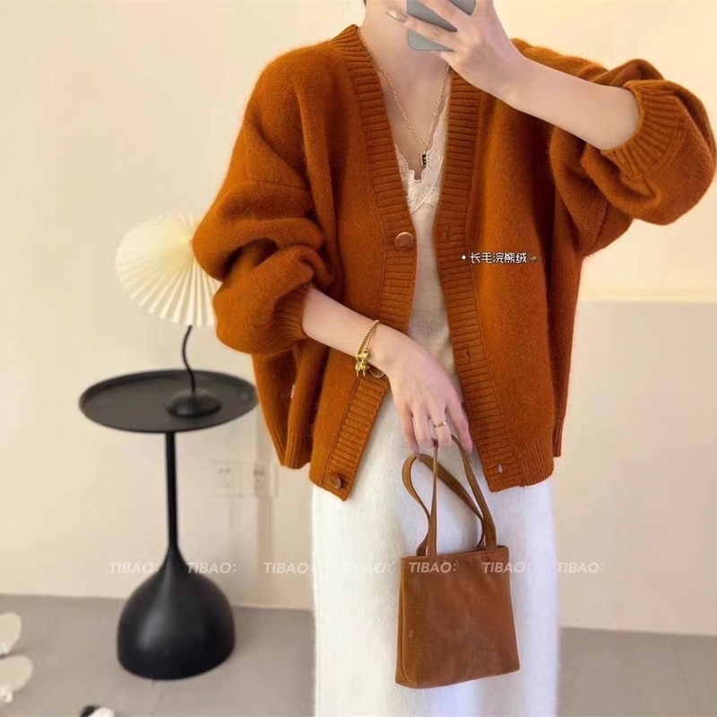 Korean Style Lazy Raccoon Fur Cardigan Sweater Jacket for Women, New Autumn and Winter Soft and Thick Lantern Sleeve Knit Top
