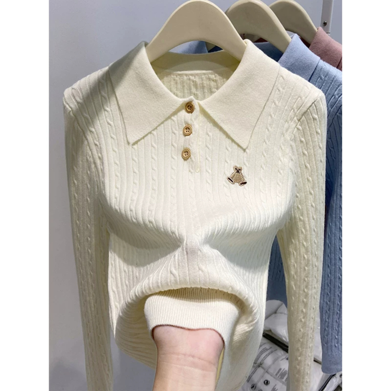 Korean Style Preppy Polo Collar Sweater Long-Sleeve Knit Top for Women 2026 Autumn and Winter New Bear Embroidery Base Shirt