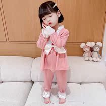 Female Bao Sleepwear Spring Autumn Childrens Pyjamas Girls Bow Tie Long Sleeves Slim Suit Girl Baby New Home Clothes