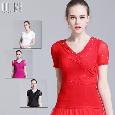 Modern dance clothing hot diamond short-sleeved top dance elastic ice silk national standard dance practice suit waltz top new