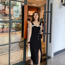 Xi Fanfa style one-piece dress lady spring and autumn mesh yarn splicing retro temperament open fork design Feel Benwind Little Black Skirt Summer