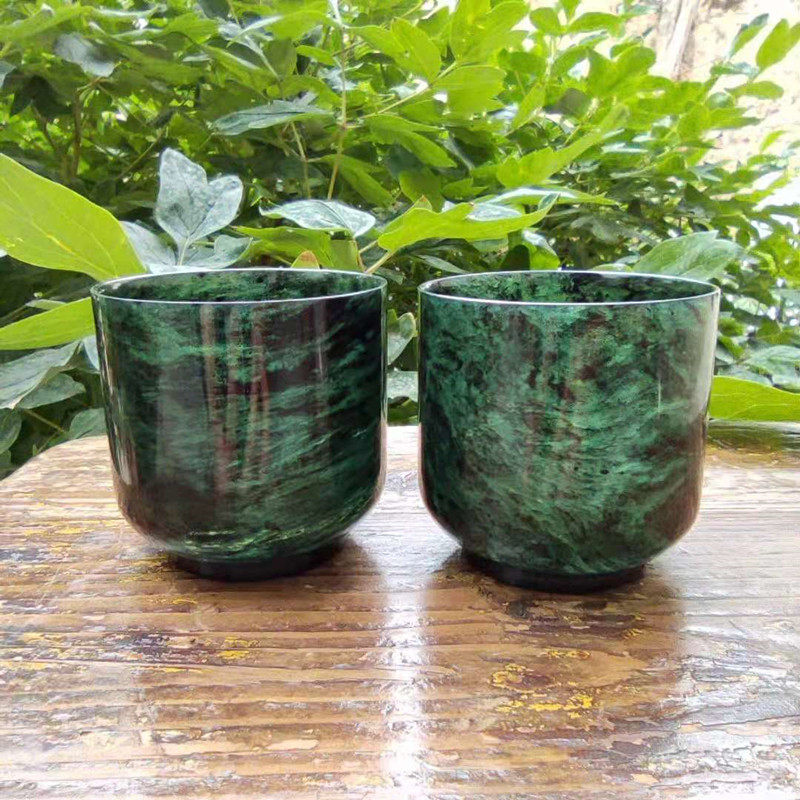Jiuquan luminous cup Large coffee cup Gansu specialty snake pattern jade Wushan Yuanyang Jade pure hand polished ink jade cup