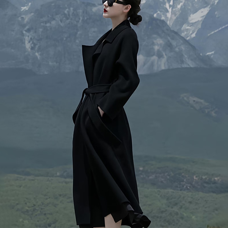 Yang Mi's Same Style Black Double-Sided Cashmere Coat for Women, Loose Korean Style Belted Bathrobe-Style Woolen Coat with a High-End Feel