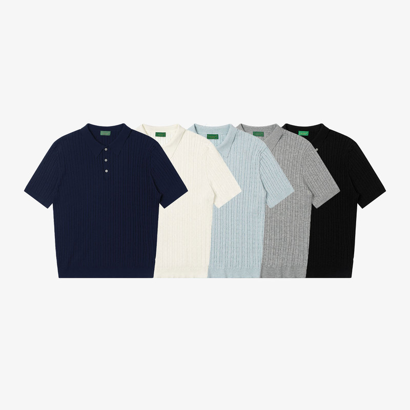 No Logo / Bree * Wool Blend Fine Cable Knit Loose Retro Relaxed Lazy Polo Collar Short Sleeves