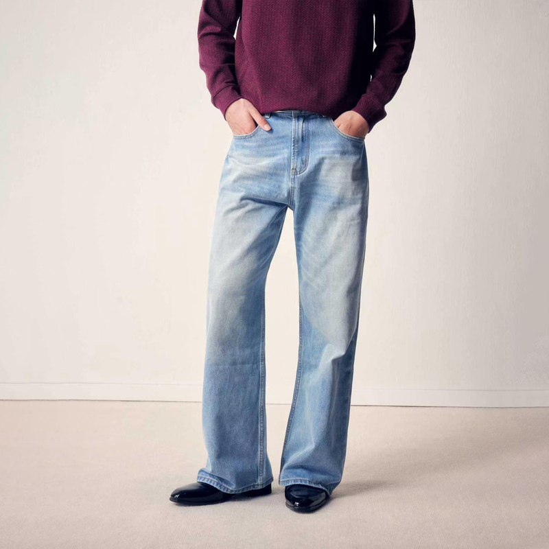 No Logo 2021m Style Blue Washed Distressed Slightly Wide Versatile Jeans Vintage Cleanfit