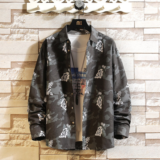 Long-Sleeved Shirt for Men, Autumn Korean Style, Hawaiian Floral Print Casual Shirt, Japanese Trendy Brand, Loose Large Size Jacket