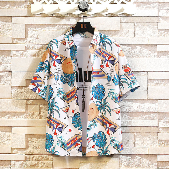 American Hawaiian Printed Shirt Men's Short Sleeve Summer Hong Kong Style Japanese Five-point Half-sleeved Clothes Men's Beach Shirt
