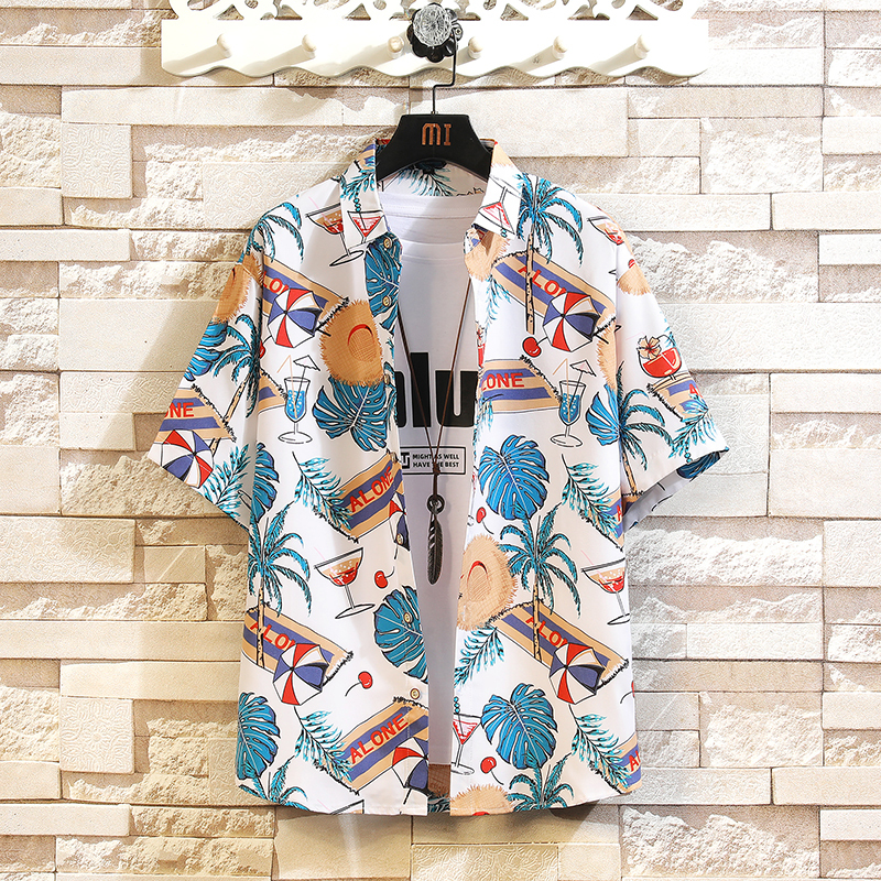 American-Style Hawaiian Print Shirt for Men, Short-Sleeved Summer Hong Kong Style Japanese Half-Sleeve Clothing, Men's Beach Shirt