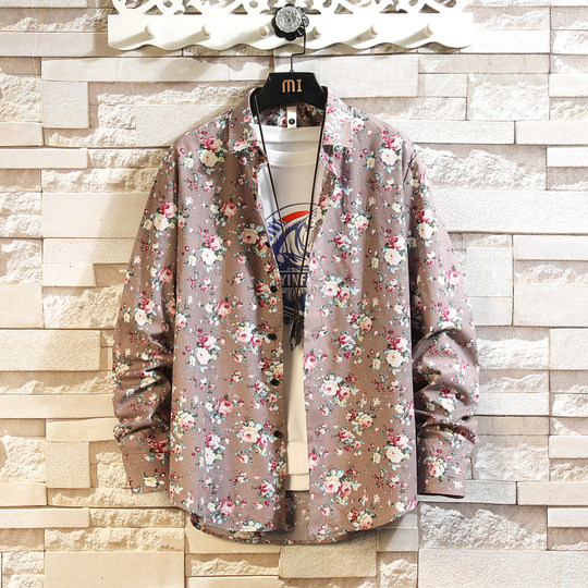 Cotton Casual Floral Long-Sleeved Shirt for Men, Autumn Japanese Style Loose Large Size Red Hawaiian Hong Kong Style Shirt Jacket