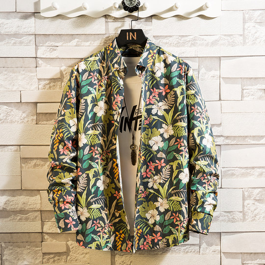 Floral Shirt for Men, Long-Sleeved, Korean Style, Casual Short-Sleeved Shirt, Youth Hawaiian Style, Handsome, Trendy Top, Thin