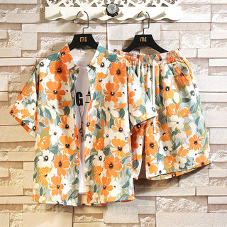 Casual Printed Shirt Men's Summer Beach Shorts Short-Sleeved Two-Piece Suit Hawaiian Trendy and Handsome Vacation Clothes