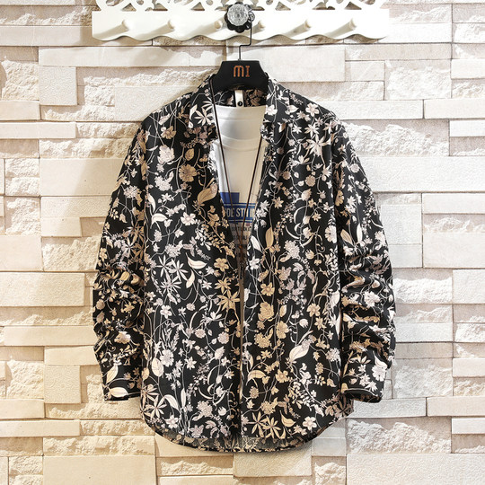 Cotton Casual Floral Long-Sleeved Shirt for Men, Autumn Japanese Style Loose Large Size Red Hawaiian Hong Kong Style Shirt Jacket