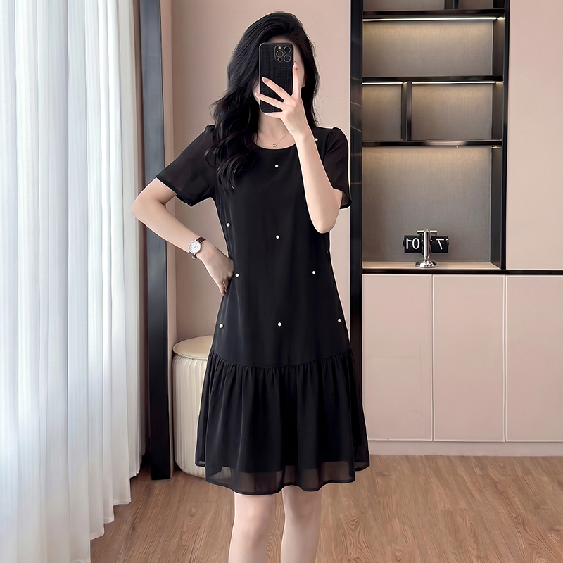 Plus-Size Short-Sleeve French-Style Light Luxury Top T-Shirt Dress, Loose Fit with Beading to Cover the Body, High-End Mid-Length Mesh Dress
