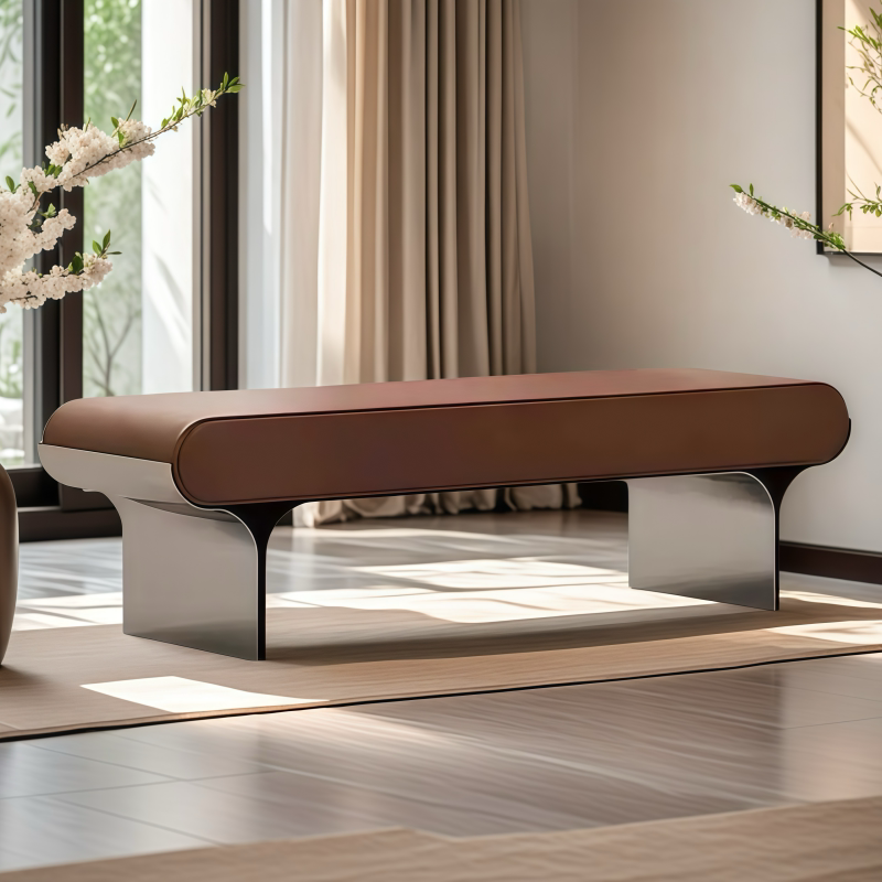 Italian-Style Stainless Steel Bed End Bench, Master Bedroom Sofa, Light Luxury, High-End Feel, Upholstered Long Bench for Entryway and Shoe Changing