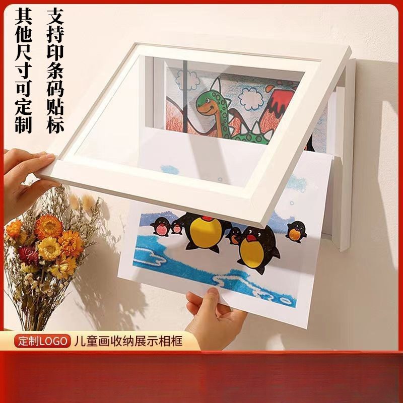 A4A3 Kidsren's Picture Frame 8K Open-Top Storage for Drawing Paper, Flip-Top Replaceable Display Wooden Photo Frame Storage for Kids' Artwork