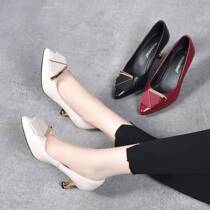 2022 Summer New High Heel Womens Pointed Toe Thin Heel Single Shoes Autumn Small Heel Autumn Shoes Shallow Mouth Genuine Leather Medium Heel Leather Shoes