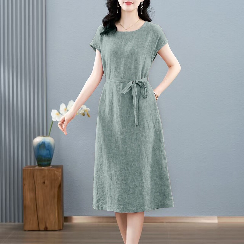 2026 New Stylish Cotton and Linen Dress, Summer Slimming Tie-Up Short-Sleeve Loose Waist-Cinching Mid-Length Dress 2026 New Stylish Cotton and Linen Dress, Summer Slimming Tie-Up Short-Sleeve Loose Waist-Cinching Mid-Length Dress