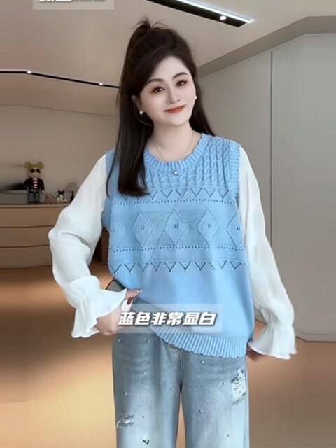 Plus-Size Patchwork Chiffon Knit Shirt for Women, Spring Season, Slimming for Chubby Girls, Unique and Chic, Loose-Fitting Top