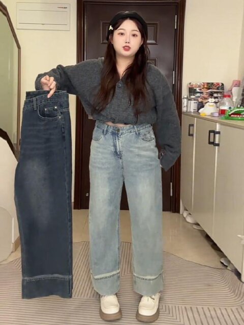 Large size American retro jeans for women in spring, fat mm, slim, loose straight nine-point pants, wide-leg pants, high-waisted pants