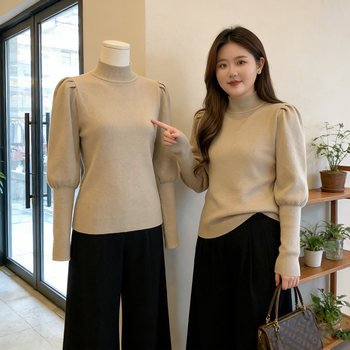 Plus-Size Minimalist Style Lazy Sweater Top for Women, Autumn and Winter, Fat mm Size, Half-High Collar, Puff Sleeve Knitwear