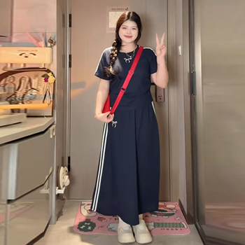 Plus-Size Belly-Covering, Age-Reducing, Preppy Style Suit for Women, Summer Slimming Casual Top and Long Skirt Two-Piece Set for Chubby Girls
