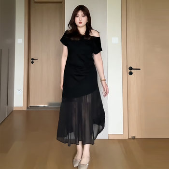 Plus-Size Pure and Alluring Off-Shoulder Dress for Women, Summer Slimming and Sexy Waist-Cinching Mesh Patchwork Long Dress for Curvy Women