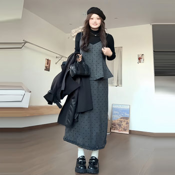 Plus-Size Retro College-Style Polka Dot Outfit for Women, Autumn and Winter, Slimming Casual Inner Wear with Camisole and Half-Skirt Three-Piece Set