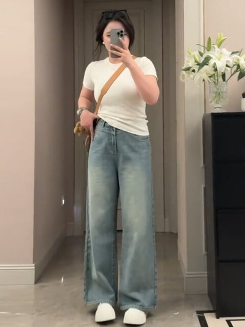 Plus-Size Tencel Jeans for Women, Spring and Summer Thin Style, Slimming Loose Straight-Leg Light-Colored Wide-Leg Pants, High-Waisted Trousers