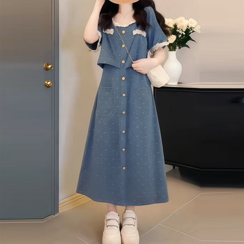 Plus-Size Fashionable Loose A-Line Denim Dress That Covers the Belly, Summer Slimming Dress for Chubby Women with Lace Trim